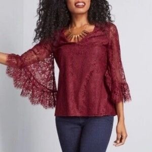 Modcloth V Neck Bell Sleeve Lace Blouse In solid Burgundy 4X